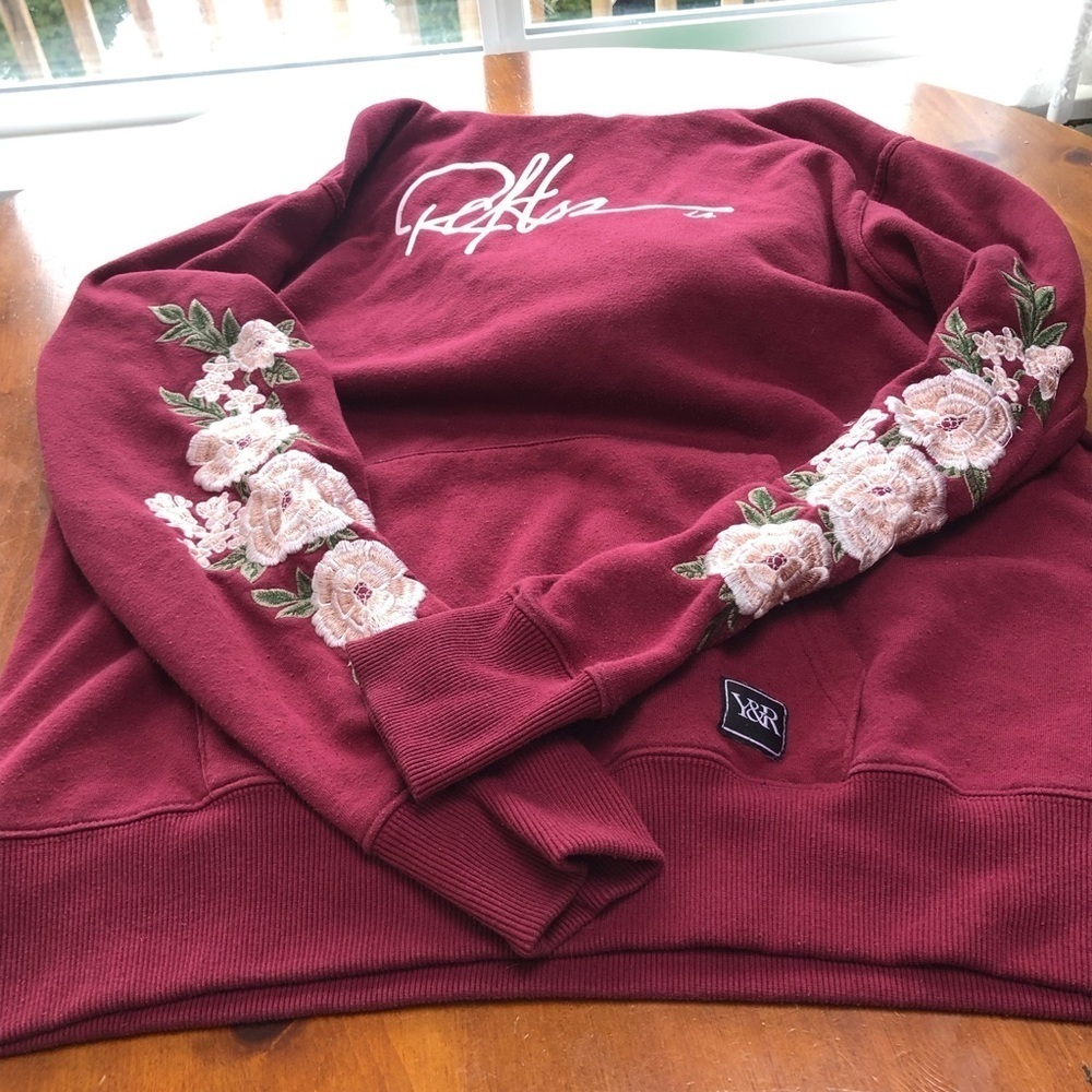 Y&R Reckless burgundy hoodie  with Floral embellishments on hood and sleeves